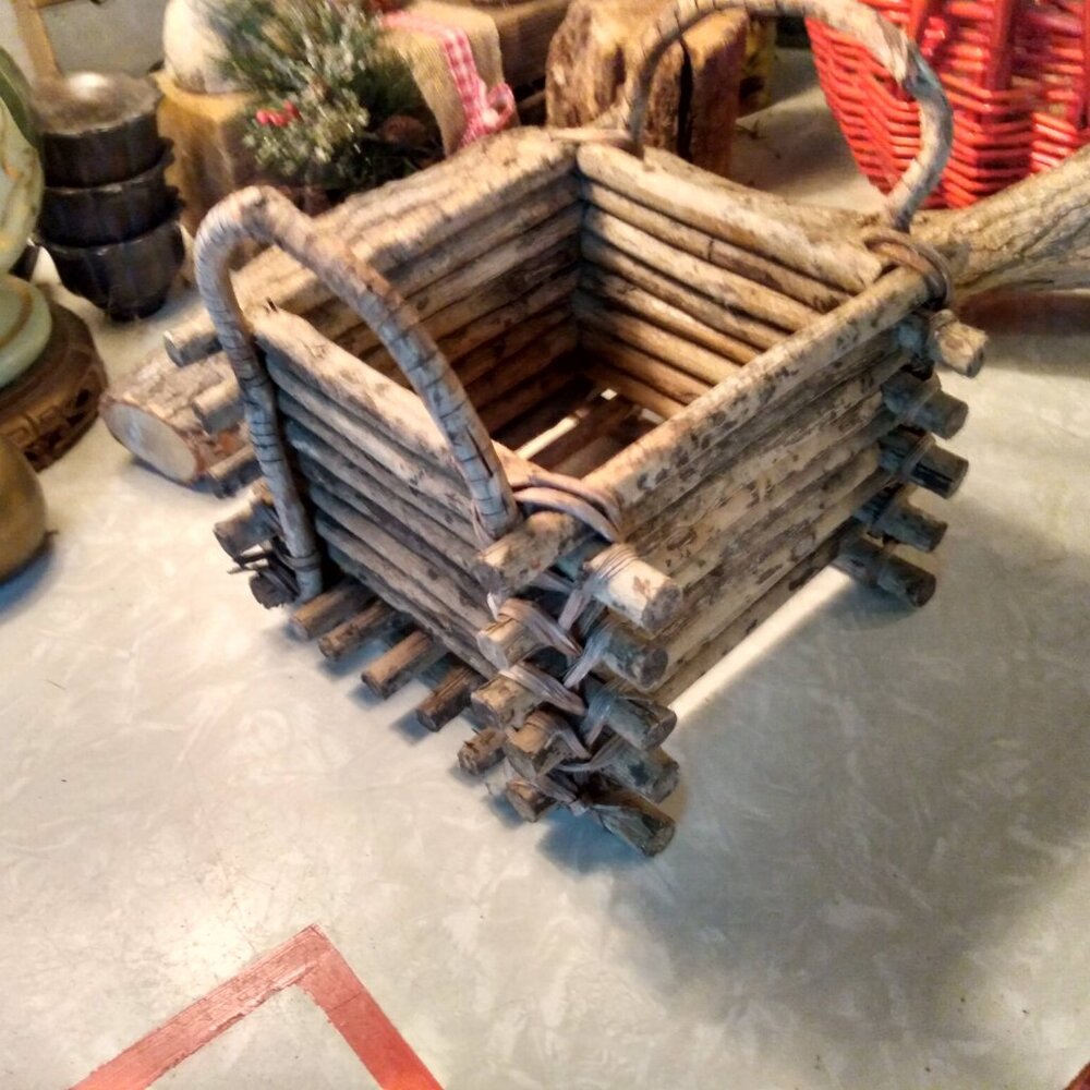 Rustic Read Wood Twig Primitive Accent Basket Planter - Picture 4 of 10